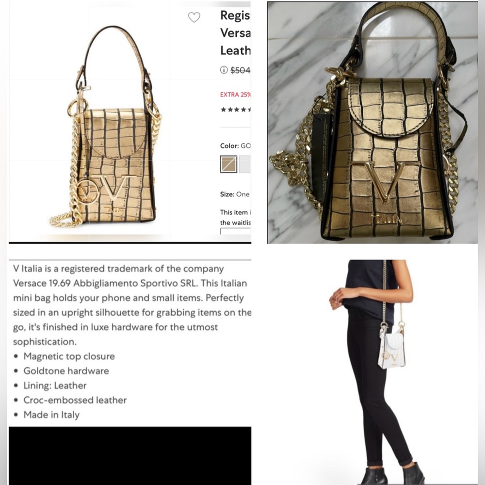 VERSACE V ITALIA MINI GOLD LEATHER CROC EMBOSSED PHONE OR CROSSBODY BAG